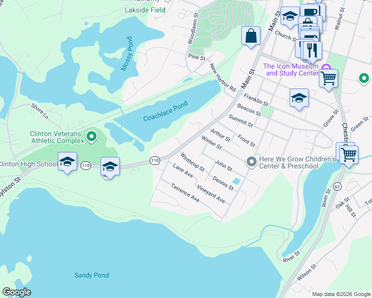 map of restaurants, bars, coffee shops, grocery stores, and more near 197 South Main Street in Clinton
