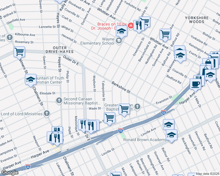 map of restaurants, bars, coffee shops, grocery stores, and more near 9717 Greensboro Street in Detroit