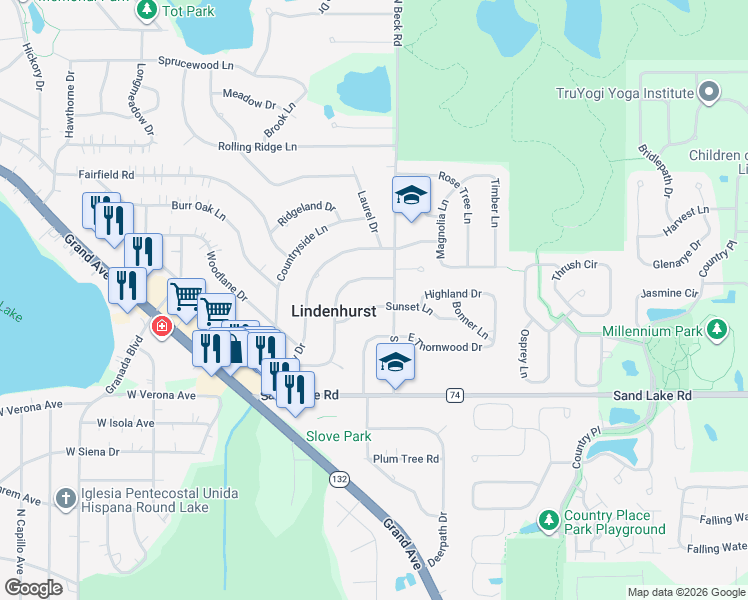 map of restaurants, bars, coffee shops, grocery stores, and more near 2310 Sunset Lane in Lindenhurst
