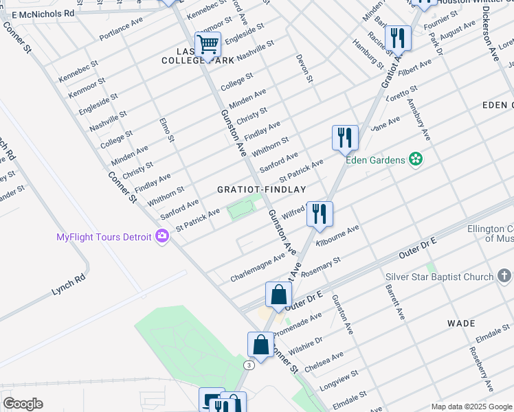 map of restaurants, bars, coffee shops, grocery stores, and more near 11557 Flanders Street in Detroit