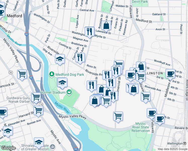 map of restaurants, bars, coffee shops, grocery stores, and more near 373 Riverside Avenue in Medford