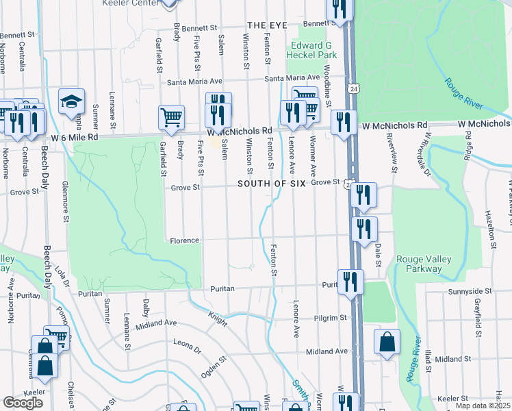 map of restaurants, bars, coffee shops, grocery stores, and more near 16606 Winston Street in Detroit