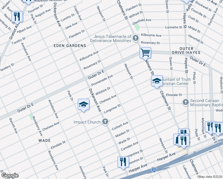 map of restaurants, bars, coffee shops, grocery stores, and more near 13144 Wilshire Drive in Detroit