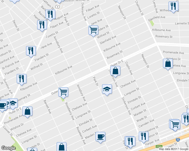 map of restaurants, bars, coffee shops, grocery stores, and more near 8858 Outer Drive East in Detroit