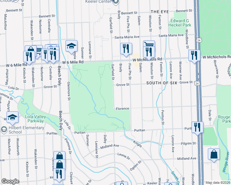 map of restaurants, bars, coffee shops, grocery stores, and more near 16710 Garfield in Redford Charter Township