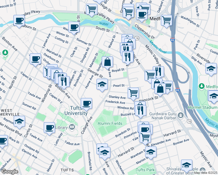 map of restaurants, bars, coffee shops, grocery stores, and more near 83 College Avenue in Medford