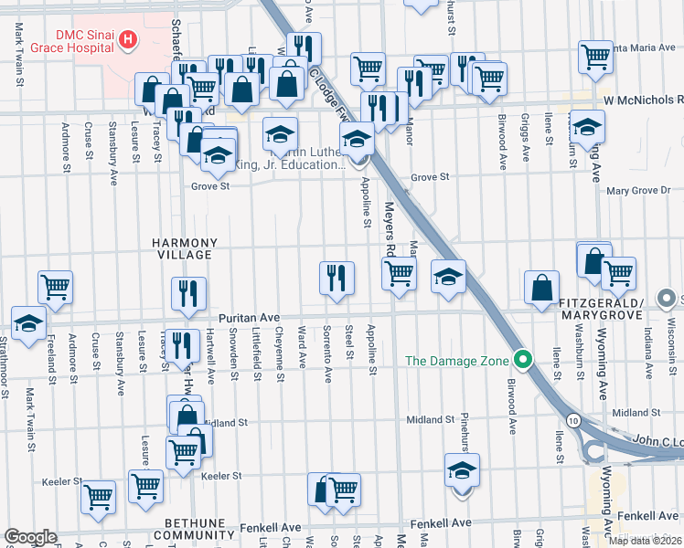 map of restaurants, bars, coffee shops, grocery stores, and more near 16197 Steel Street in Detroit