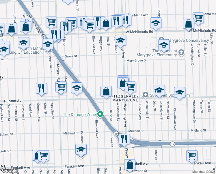 map of restaurants, bars, coffee shops, grocery stores, and more near 16190 Griggs Avenue in Detroit