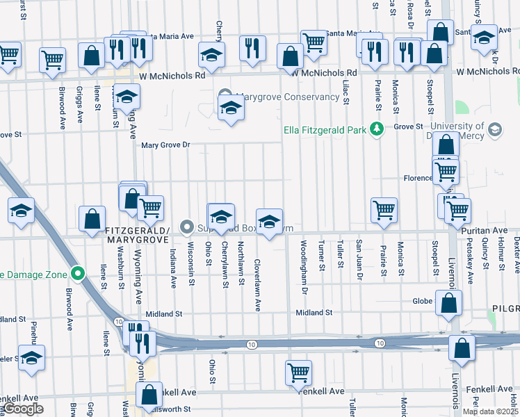 map of restaurants, bars, coffee shops, grocery stores, and more near 16177 Roselawn St in Detroit