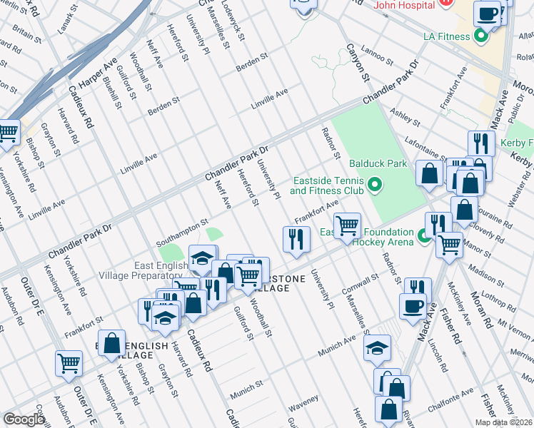 map of restaurants, bars, coffee shops, grocery stores, and more near 5234 Hereford Street in Detroit