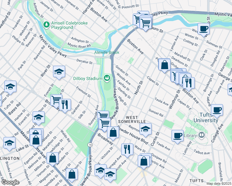 map of restaurants, bars, coffee shops, grocery stores, and more near 327 Alewife Brook Parkway in Somerville