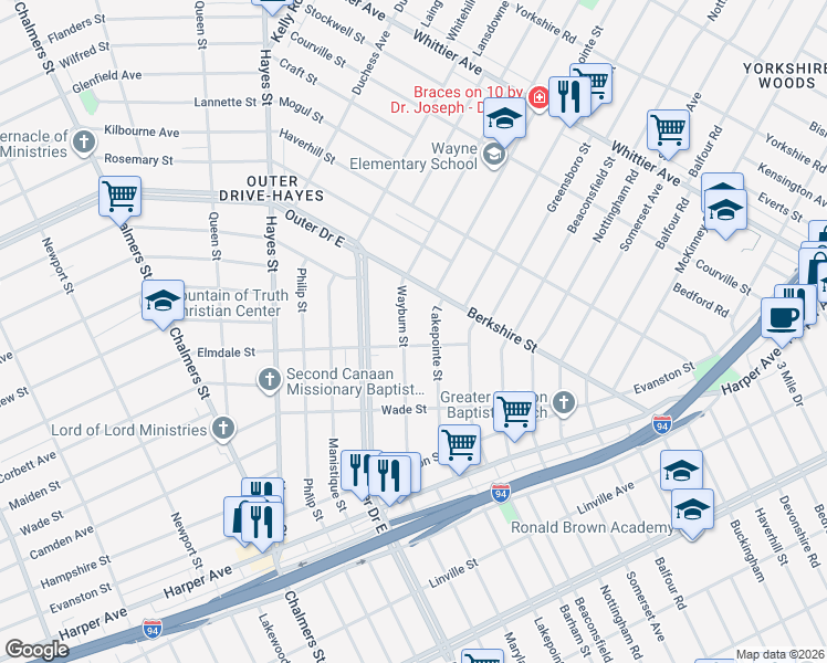 map of restaurants, bars, coffee shops, grocery stores, and more near 9722 Wayburn Street in Detroit