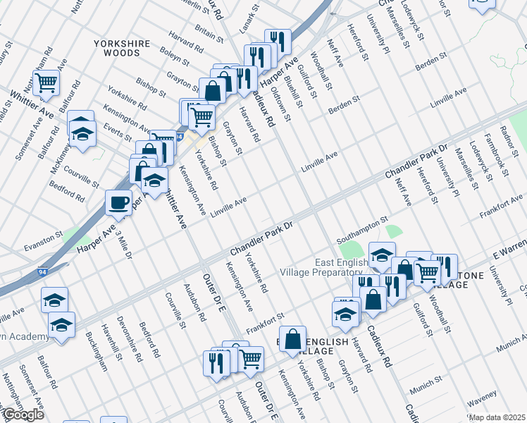 map of restaurants, bars, coffee shops, grocery stores, and more near 5751 Grayton Street in Detroit