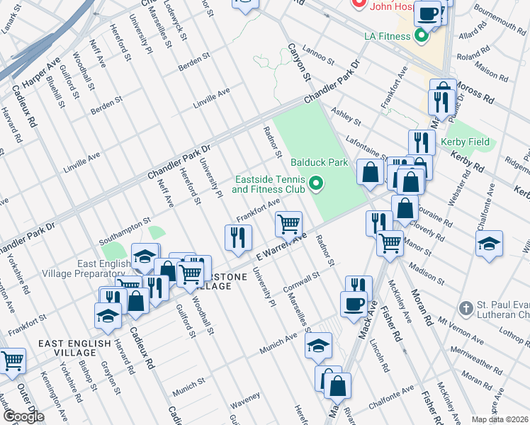 map of restaurants, bars, coffee shops, grocery stores, and more near 5115 Lodewyck St in Detroit