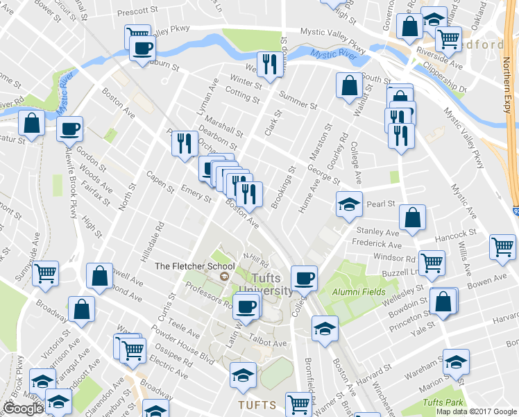 map of restaurants, bars, coffee shops, grocery stores, and more near 67 Charnwood Road in Medford
