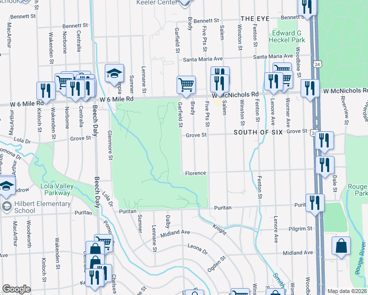 map of restaurants, bars, coffee shops, grocery stores, and more near 16710 Garfield in Redford Charter Township