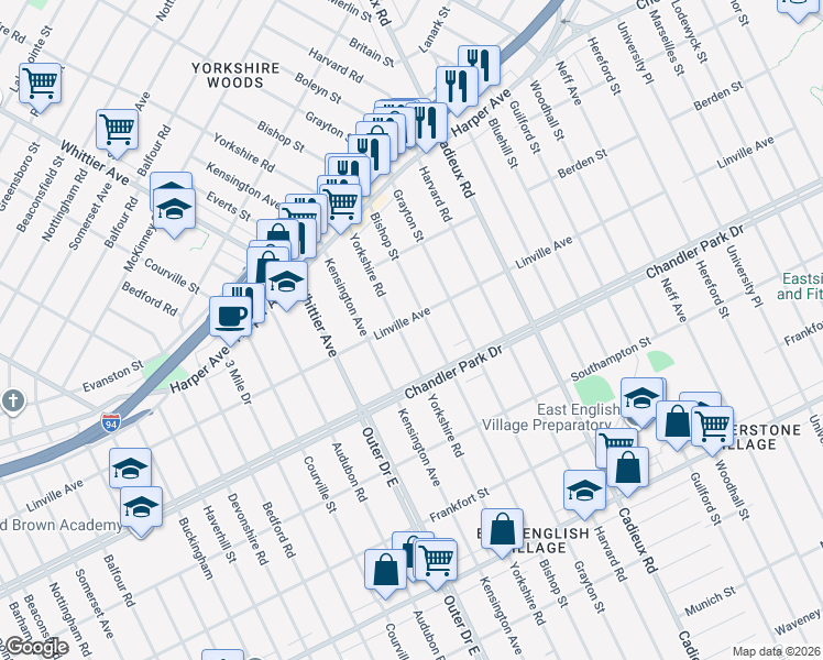 map of restaurants, bars, coffee shops, grocery stores, and more near 5800 Yorkshire Road in Detroit
