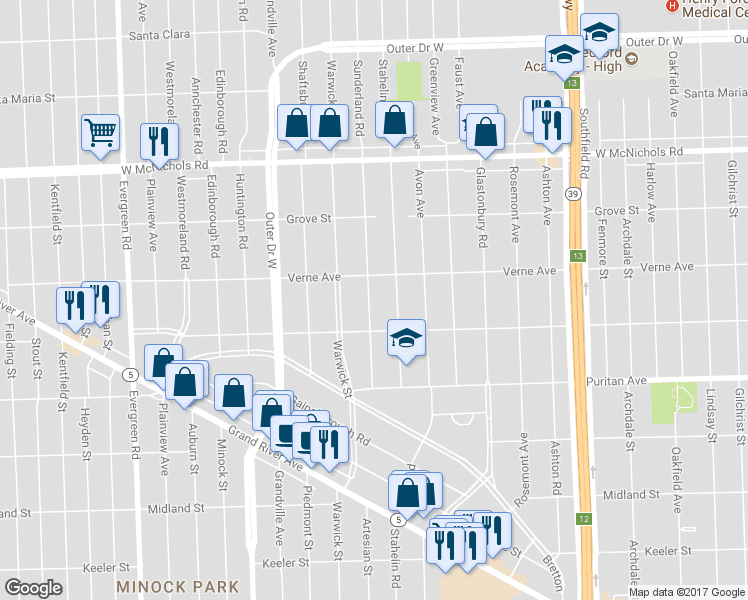 map of restaurants, bars, coffee shops, grocery stores, and more near 16562 Sunderland Road in Detroit