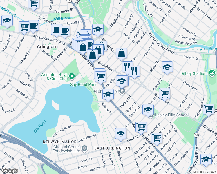 map of restaurants, bars, coffee shops, grocery stores, and more near 339 Massachusetts Avenue in Arlington