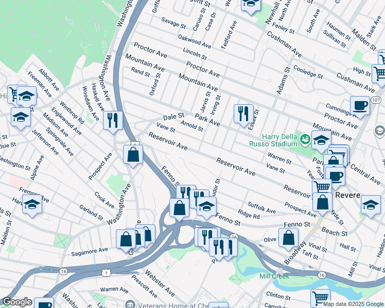 map of restaurants, bars, coffee shops, grocery stores, and more near 320 Reservoir Avenue in Revere