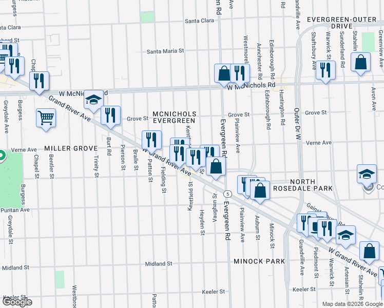 map of restaurants, bars, coffee shops, grocery stores, and more near 16579 Kentfield Street in Detroit