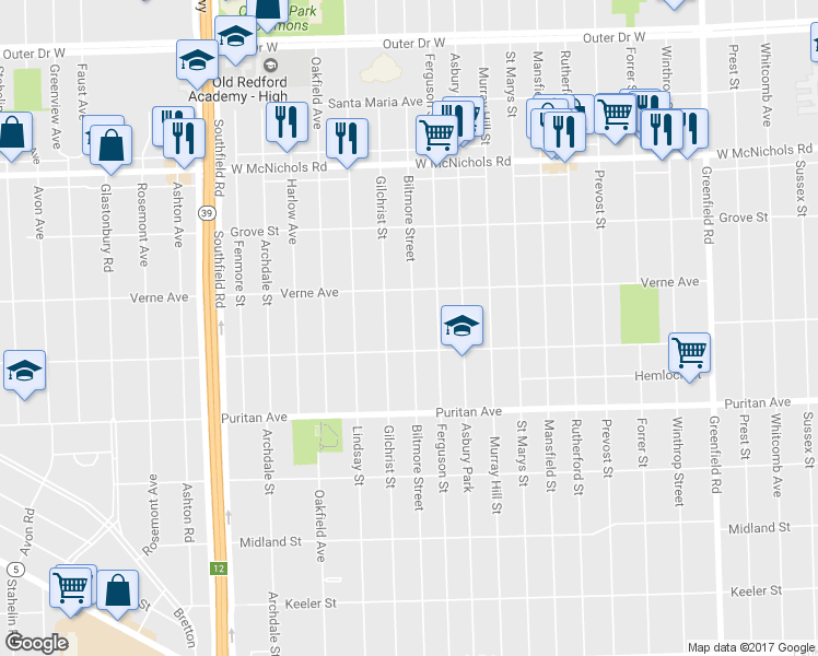 map of restaurants, bars, coffee shops, grocery stores, and more near 16545 Biltmore St in Detroit