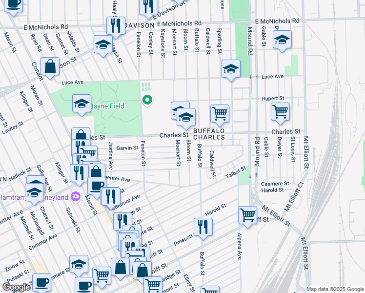 map of restaurants, bars, coffee shops, grocery stores, and more near 12090 Moenart Street in Hamtramck