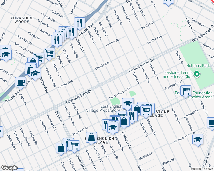 map of restaurants, bars, coffee shops, grocery stores, and more near 17136 Chandler Park Drive in Detroit