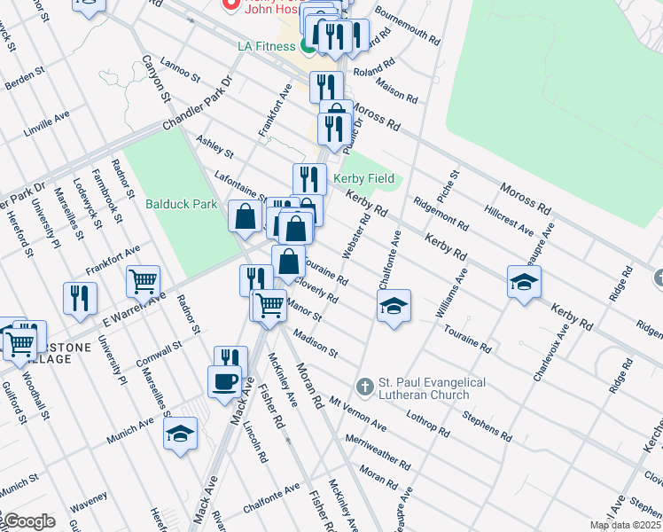 map of restaurants, bars, coffee shops, grocery stores, and more near 460 Touraine Rd in Grosse Pointe Farms