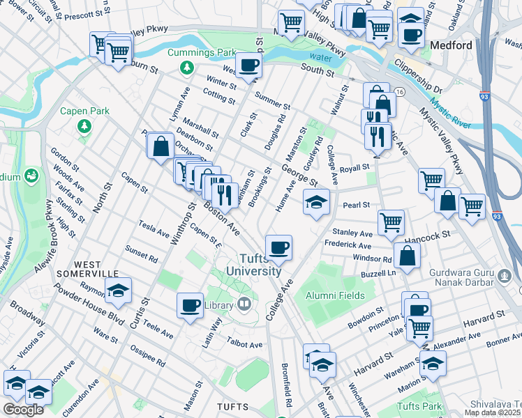 map of restaurants, bars, coffee shops, grocery stores, and more near 61 Burget Avenue in Medford