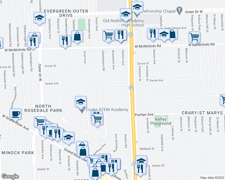map of restaurants, bars, coffee shops, grocery stores, and more near 16561 Rosemont Avenue in Detroit
