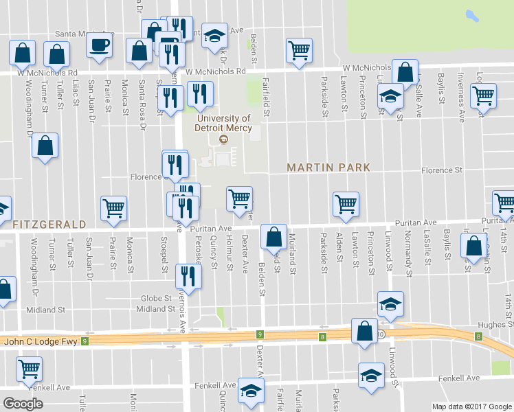 map of restaurants, bars, coffee shops, grocery stores, and more near 16166 Dexter Ave in Detroit