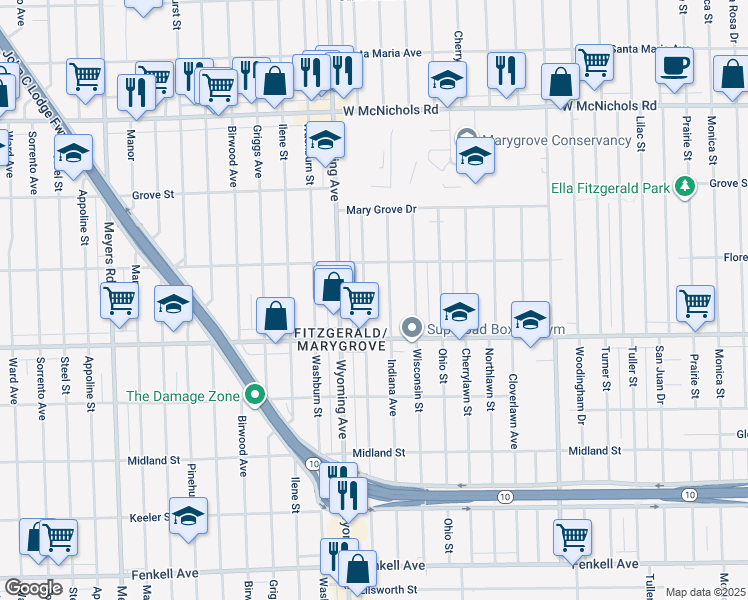 map of restaurants, bars, coffee shops, grocery stores, and more near 16184 Kentucky Street in Detroit