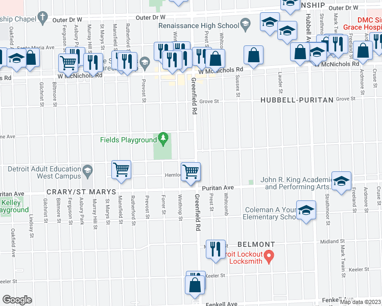 map of restaurants, bars, coffee shops, grocery stores, and more near 16501 Greenfield Road in Detroit