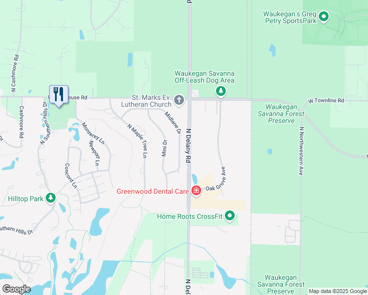 map of restaurants, bars, coffee shops, grocery stores, and more near 3201 Midlane Drive in Wadsworth