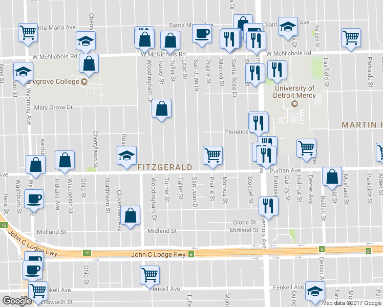 map of restaurants, bars, coffee shops, grocery stores, and more near 16176 Lilac Street in Detroit