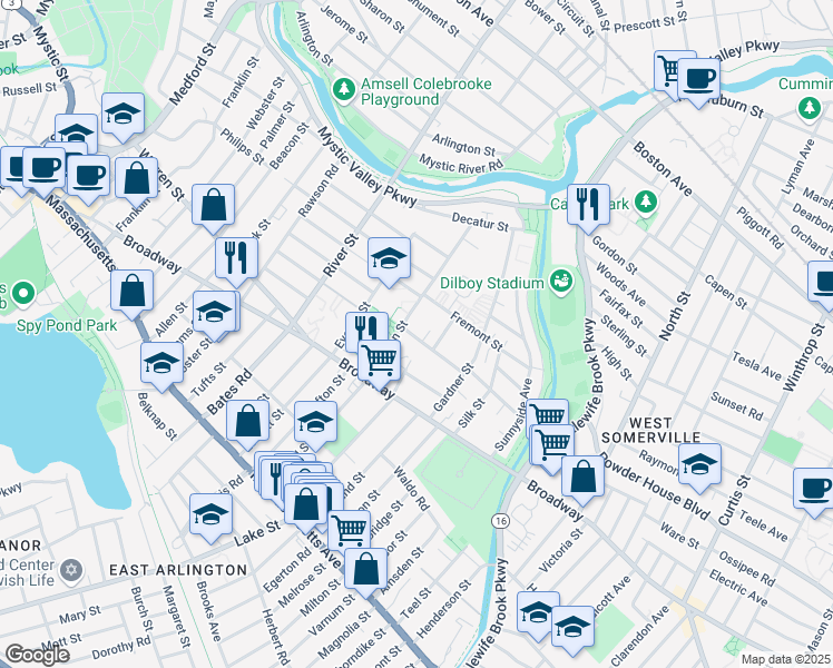 map of restaurants, bars, coffee shops, grocery stores, and more near 47 Norcross Street in Arlington