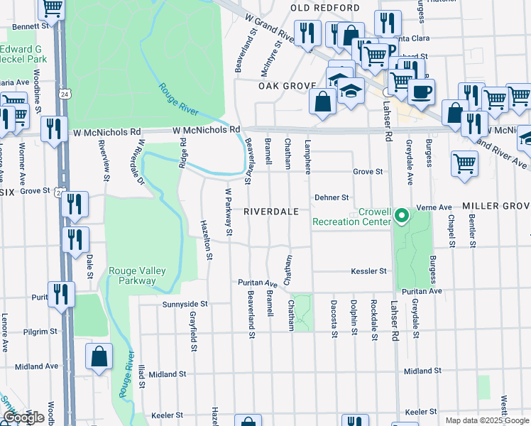 map of restaurants, bars, coffee shops, grocery stores, and more near 16607 Bramell in Detroit