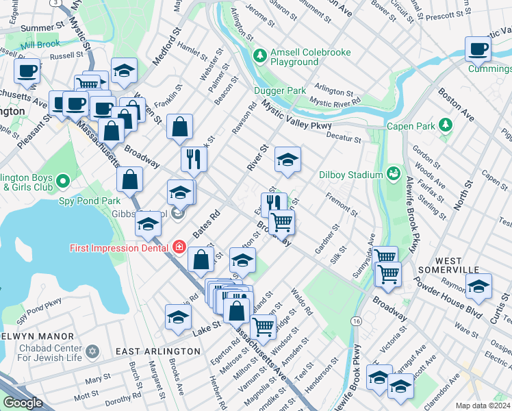 map of restaurants, bars, coffee shops, grocery stores, and more near 122 Everett Street in Arlington