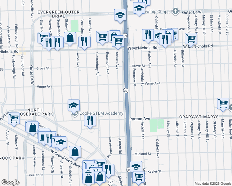 map of restaurants, bars, coffee shops, grocery stores, and more near 16561 Ashton Avenue in Detroit