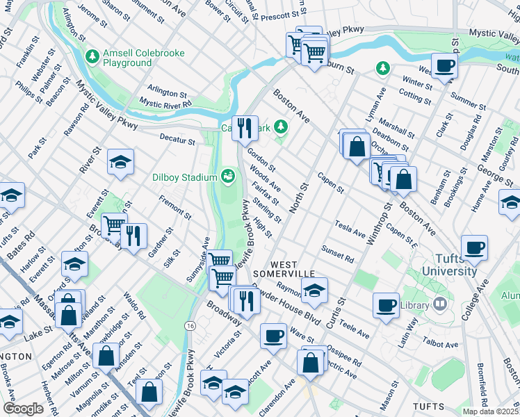 map of restaurants, bars, coffee shops, grocery stores, and more near 44 Sterling Street in Somerville