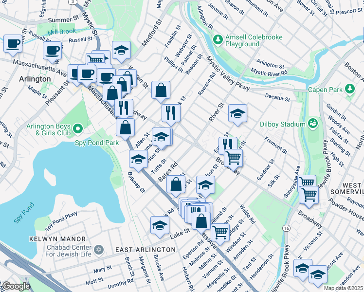 map of restaurants, bars, coffee shops, grocery stores, and more near 75 Tufts Street in Arlington