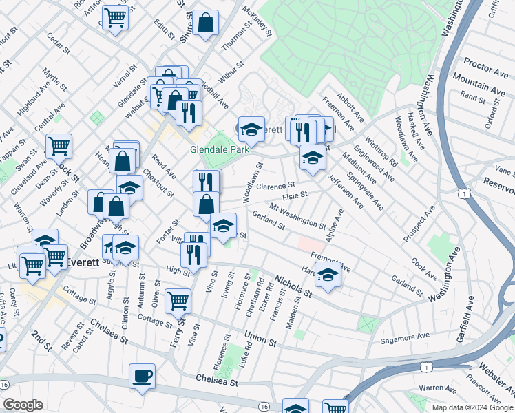 map of restaurants, bars, coffee shops, grocery stores, and more near 8 Garland Street in Everett
