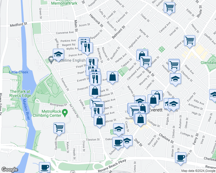 map of restaurants, bars, coffee shops, grocery stores, and more near 24 Beacon Street in Everett