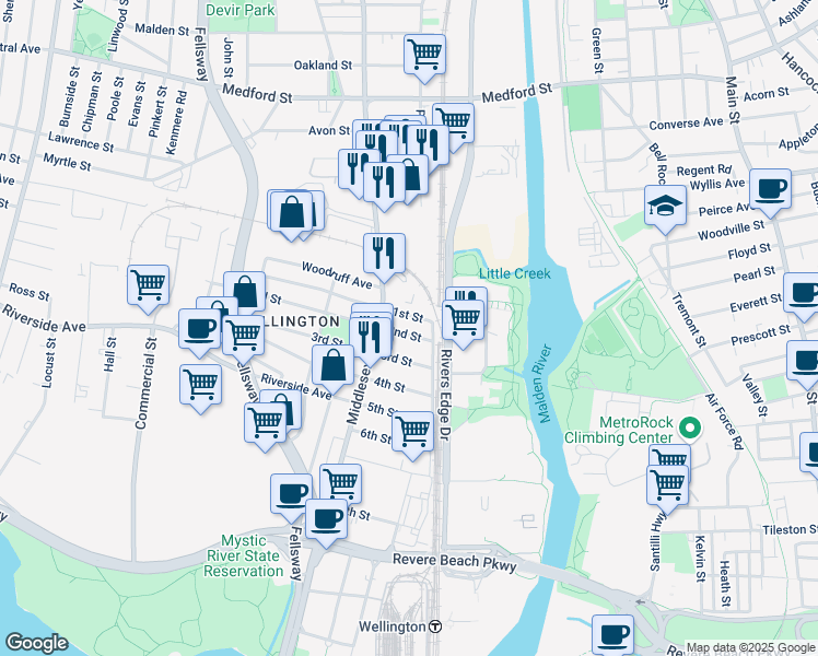 map of restaurants, bars, coffee shops, grocery stores, and more near 4 1st Street in Medford