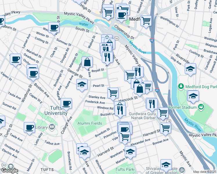 map of restaurants, bars, coffee shops, grocery stores, and more near 229 Main Street in Medford