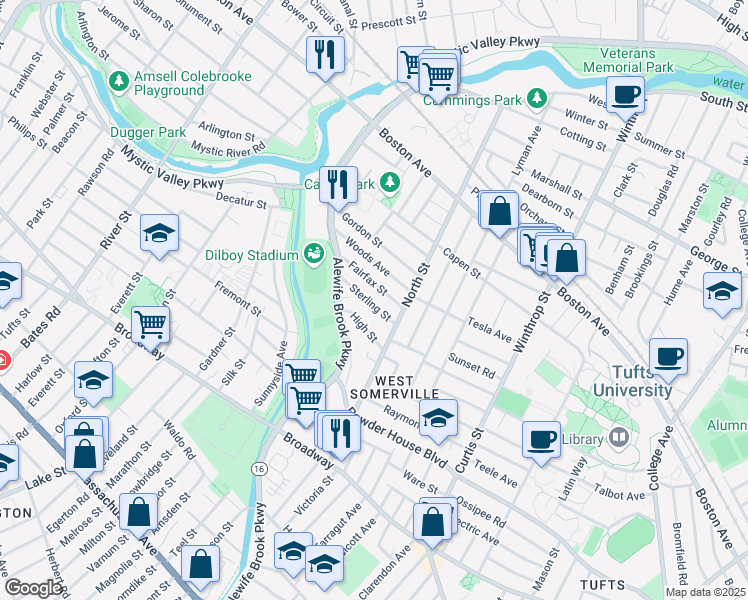 map of restaurants, bars, coffee shops, grocery stores, and more near 44 Sterling Street in Somerville