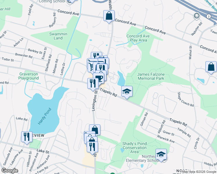 map of restaurants, bars, coffee shops, grocery stores, and more near 985 Trapelo Road in Waltham