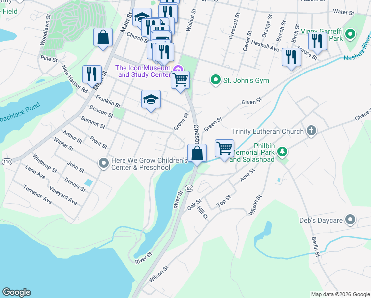map of restaurants, bars, coffee shops, grocery stores, and more near 16 California Court in Clinton