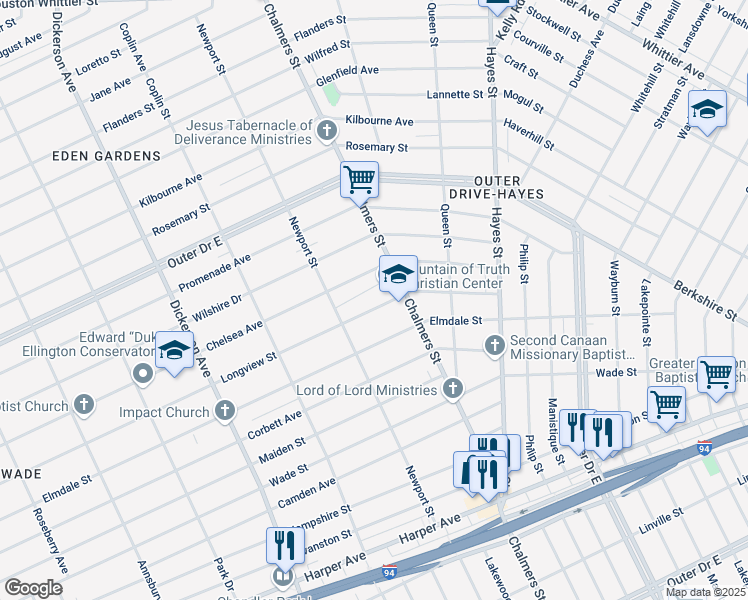 map of restaurants, bars, coffee shops, grocery stores, and more near 14349 Longview Street in Detroit